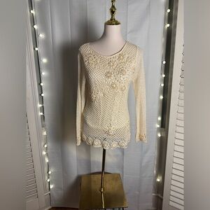 Peck & Peck Cream Crochet Blouse with Pearl Accent Small